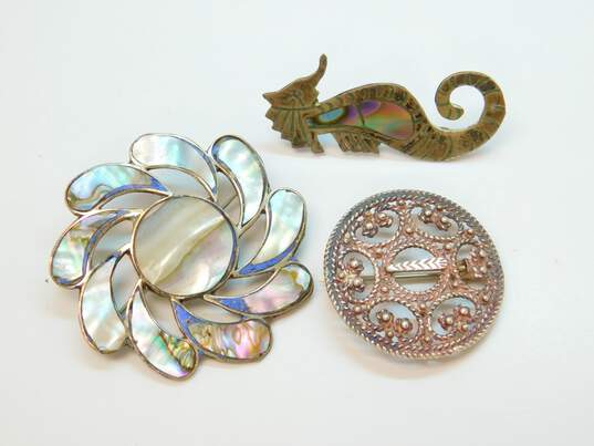 Mexico 925 Abalone Shell Seahorse Swirl & Spun Granulated Brooches Variety image number 1