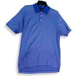 Mens Blue Printed Short Sleeve Collared Button Front Polo Shirt Size Small