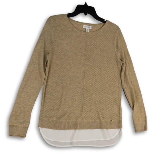 Womens Tan Knitted Long Sleeve Round Neck Pullover Sweater Size Small image number 1