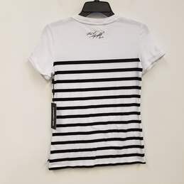 Womens White Black Striped Round Neck Short Sleeve Pullover T-Shirt Sz XXS alternative image
