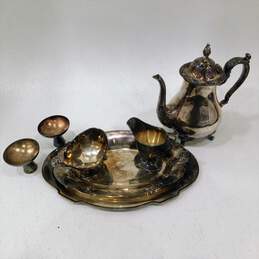 Vintage Silver Plate Trays W/ Art Nouveau Teapot Art Deco Creamer & Sugar & Candlestick Holders