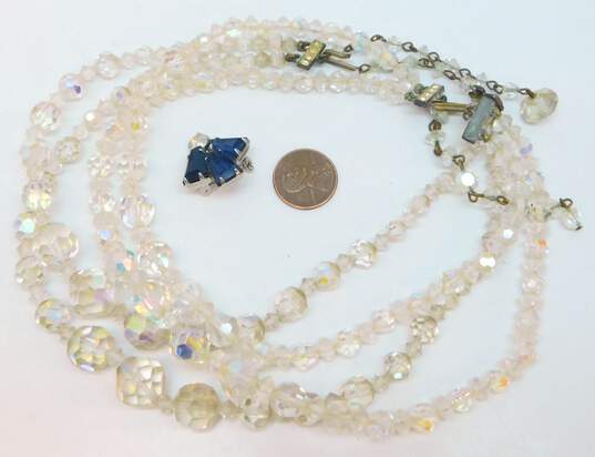 Vintage Icy Aurora Borealis Beaded Double Strand Necklaces With Blue & Clear Rhinestone Brooch 101.0g image number 9