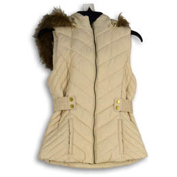 Womens Beige Fur Trim Hooded Sleeveless Full-Zip Puffer Vest Size Medium