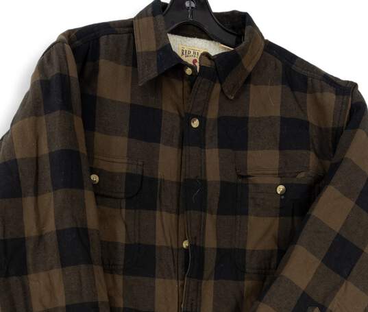 Mens Brown Black Check Long Sleeve Sherpa Lined Shirt Jacket Size Large image number 3