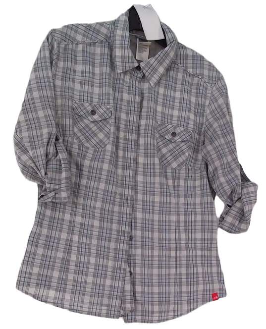 Womens Gray Blue Plaid Long Sleeve Button Up Shirt Size Large image number 1