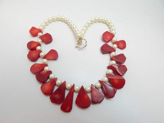 Artisan Silvertone & Goldtone Dyed Red Coral & White Faux Pearls Beaded & Multi Strand Necklaces Variety 321.8g image number 4