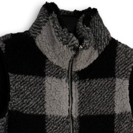 Womens Black Gray Plaid Sleeveless Fleece Full-Zip Vest Size Medium image number 3