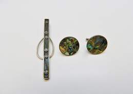 Taxco Sterling Silver Abalone Inlay Cuff Links & Scrolled Tie Clip 20.3g