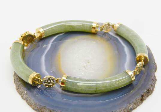 14K Gold Nephrite Curved Panels & Chinese Symbols Linked Bracelet 19.8g image number 1