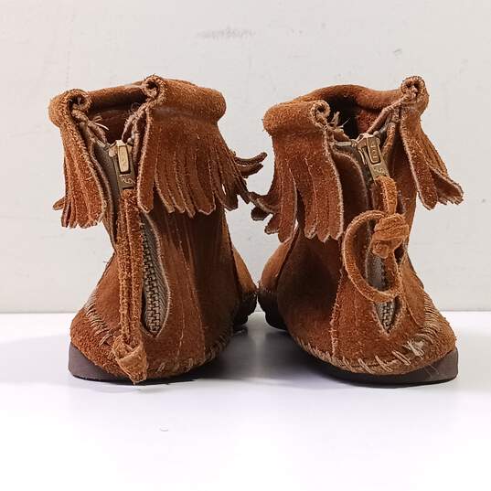 Women's Brown Leather Fringe Zip Stitched Round Toe Ankle Booties Size 8 image number 4