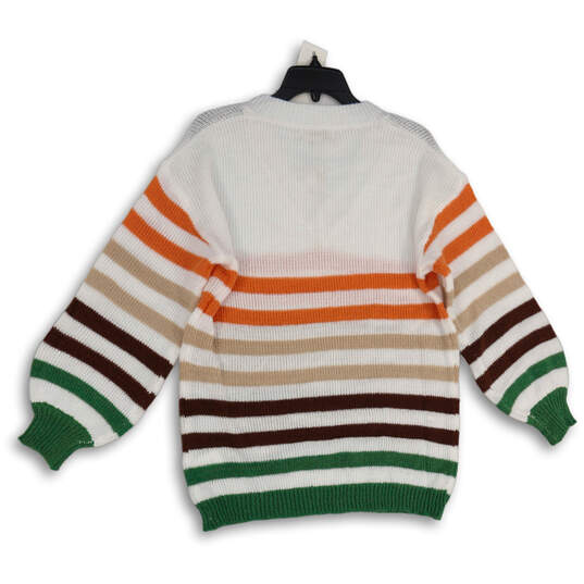 NWT Womens White Striped Knitted V-Neck Long Sleeve Pullover Sweater Sz S/M image number 2