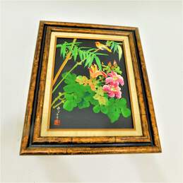 Japanese Original Watercolor Bird & Flower W/ Wooden Frame & Signed