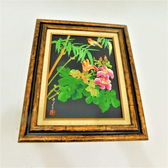 Japanese Original Watercolor Bird & Flower W/ Wooden Frame & Signed image number 1