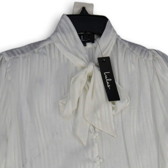 NWT Womens White Long Sleeve Tie Neck Button Front Blouse Top Size L image number 3