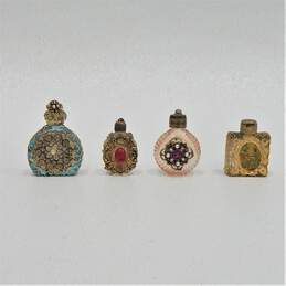 4 Vintage Empty Mini Gold Filigree Perfume Bottles