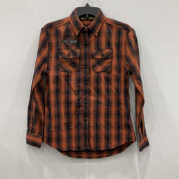 NWT Mens Orange Black Plaid Long Sleeve Collared Button Up Shirt Size XS