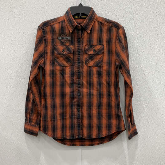 NWT Mens Orange Black Plaid Long Sleeve Collared Button Up Shirt Size XS image number 1