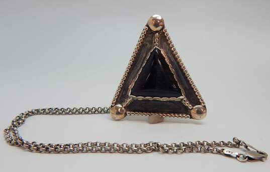 Star Signed 925 Hawks Eye Cabochon Domes & Granulated Triangle Unique Pendant Brooch Rolo Chain Necklace 26.5g image number 3