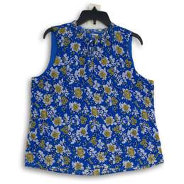 J. Crew Womens Blue Yellow Floral Tie Neck Sleeveless Pullover Blouse Top Size L