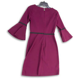 Womens Purple Black Bell Sleeve Round Neck Back Zip Sheath Dress Size 2 alternative image