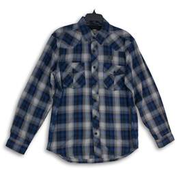 Mens Blue Gray Plaid Long Sleeve Spread Collar Button-Up Shirt Size Large