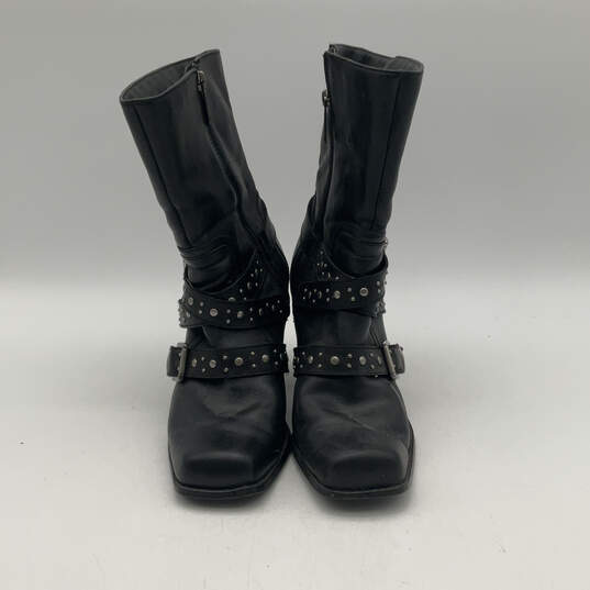 Womens Black Leather Studded Square Toe Side Zip Mid Calf Biker Boots Sz 9 image number 1