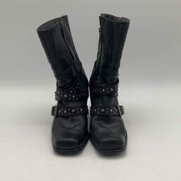Womens Black Leather Studded Square Toe Side Zip Mid Calf Biker Boots Sz 9