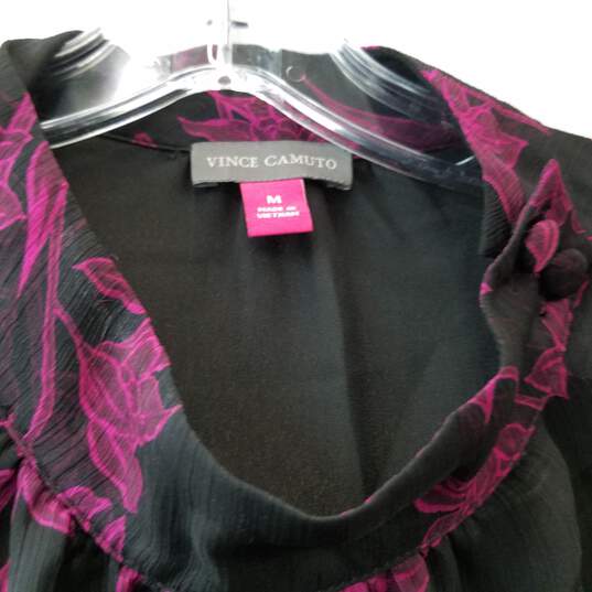Vince Camuto Floral Pattern Blouse Mock Neck Sheer Sleeve Black Pink Size M image number 3