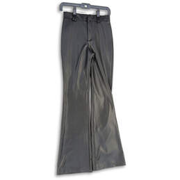 Womens Black Flat Front Welt Pocket Leather Flare Leg Pants Size XS