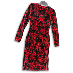 Womens Red Black Floral Velvet Long Sleeve Scoop Neck Sheath Dress Size XS alternative image
