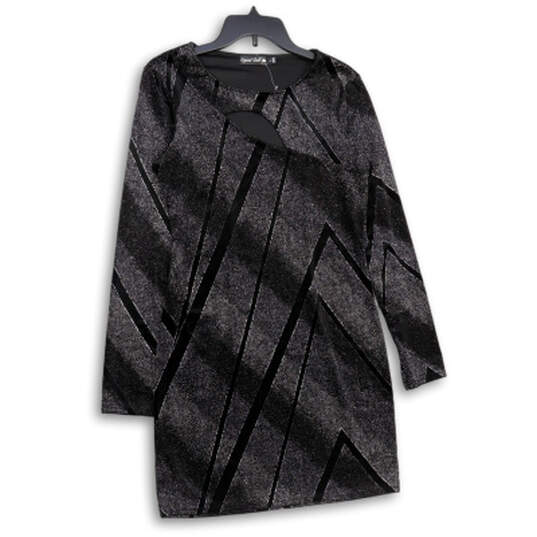 Womens Black Silver Abstract Long Sleeve Round Neck Shift Dress Size Large image number 1