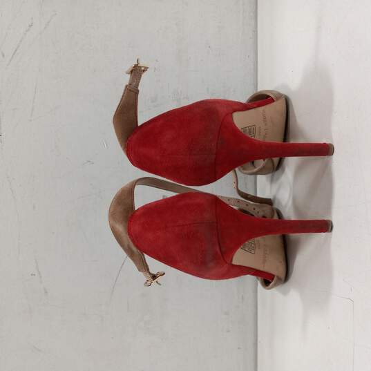 Women's Black/Red/Tan Suede Open Toe Heels Size 6.5M image number 2
