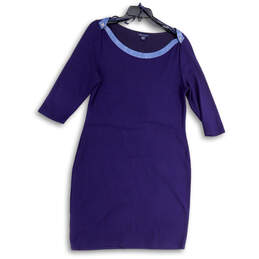 Womens Purple Long Sleeve Round Neck Button Knee Length Shift Dress Size L