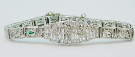 Antique Art Deco 10K White Gold Diamond Accent Ornate Bracelet 9.3g image number 2