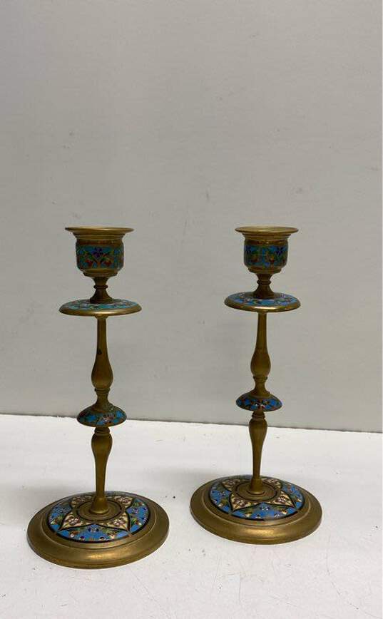 Brass and Bronze Set of 4 Candlesticks Metal Enamel Candle Holders image number 3