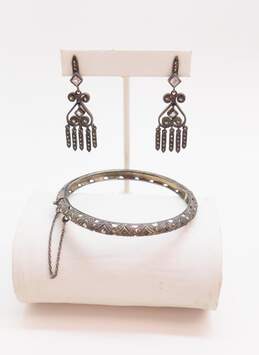 Sterling Silver Art Deco Style Marcasite CZ Dangle Earrings & Hinged Bracelet 29.7g