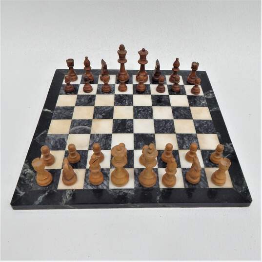 Vintage White and Black Marble Chess Board Game w/ Wood Pieces image number 2