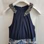Eliza J navy floral jacquard beaded halter ball gown dress 8 image number 4