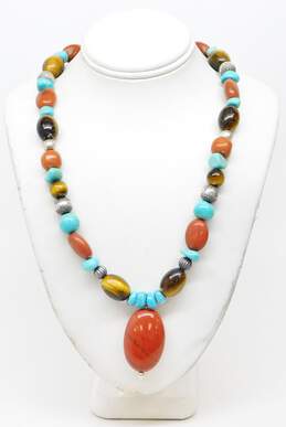 Carolyn Pollack Relios 925 Red Jasper Pendant Turquoise Tigers Eye Bead Necklace