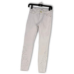 Womens White Denim Foliage Eyelet Embroidery Pockets Skinny Leg Jeans Sz 25