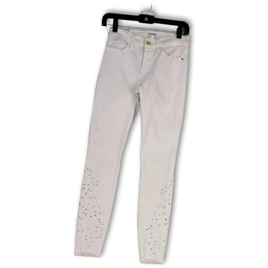Womens White Denim Foliage Eyelet Embroidery Pockets Skinny Leg Jeans Sz 25 image number 1