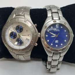 Fossil His Titanium Chronograph and Hers Retro Blue Stainless Steel Quartz Watch Collection