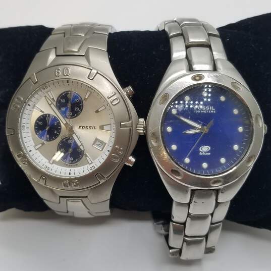 Fossil His Titanium Chronograph and Hers Retro Blue Stainless Steel Quartz Watch Collection image number 1