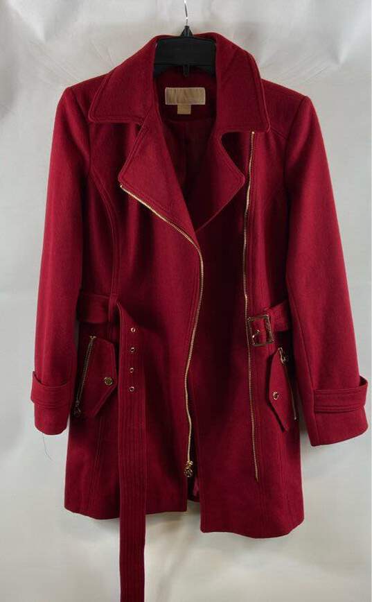 Michael Kors Womens Red Long Sleeve Asymmetrical Belted Zip-Up Pea Coat Size PS image number 1