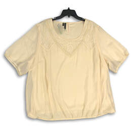 Womens Yellow Lace Round Neck Short Sleeve Button Blouse Top Size 4
