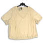 Womens Yellow Lace Round Neck Short Sleeve Button Blouse Top Size 4 image number 1