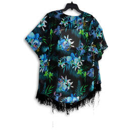 Womens Black Blue Floral 3/4 Sleeve Sheer Kimono Swimsuit Coverup Size S alternative image
