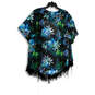 Womens Black Blue Floral 3/4 Sleeve Sheer Kimono Swimsuit Coverup Size S image number 2