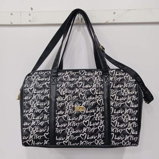 Betsey Johnson Black Quilted Faux Leather w/ White 'Luv Betsey' Duffle Bag image number 1