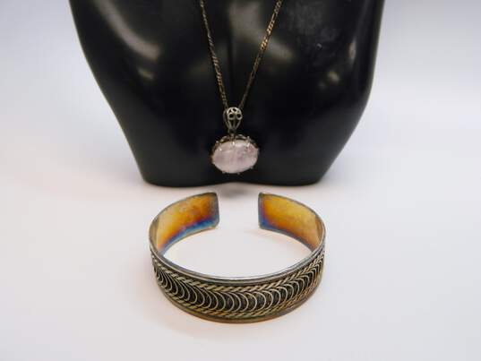 Artisan 925 Smoky Quartz Cabochon Unique Oval Pendant Necklace & Intricate Swirl & Braided Wide Cuff Bracelet 32.1g image number 1